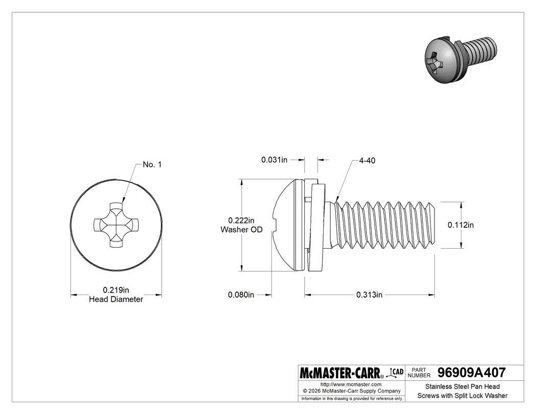 Technical Drawing of Stainless Steel Pan Head Screws with Split Lock Washer, 4-40 Thread Size, 5/16" Long.
